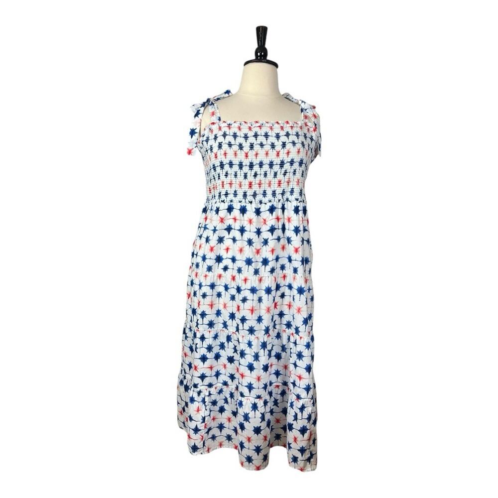 J. Crew Dress Smocked Tie Sleeves Sundress Red Blue Stars Women’s Size 2X